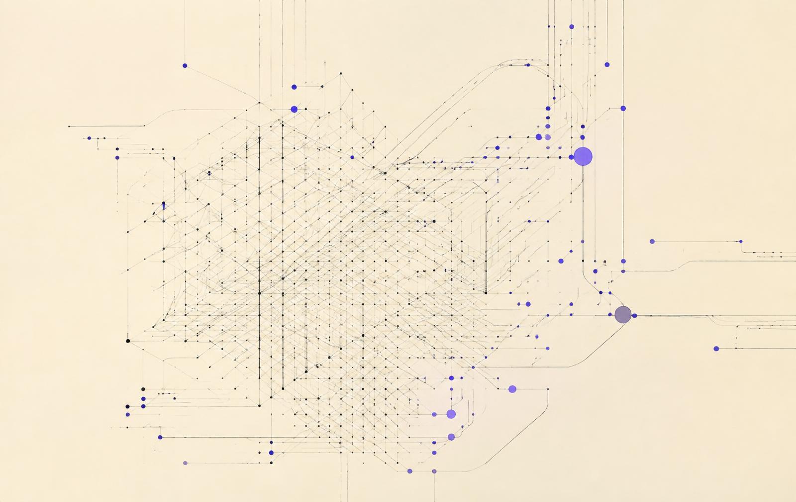 Abstract line drawing of a network lattice with violet nodes on ivory paper