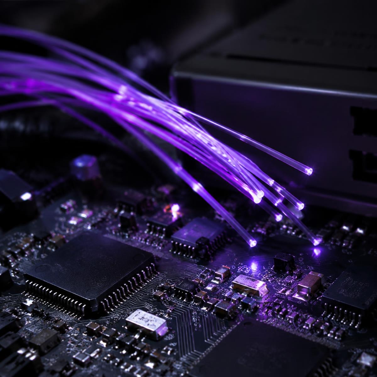 Macro photo of a circuit board with glowing violet fibre optic strands