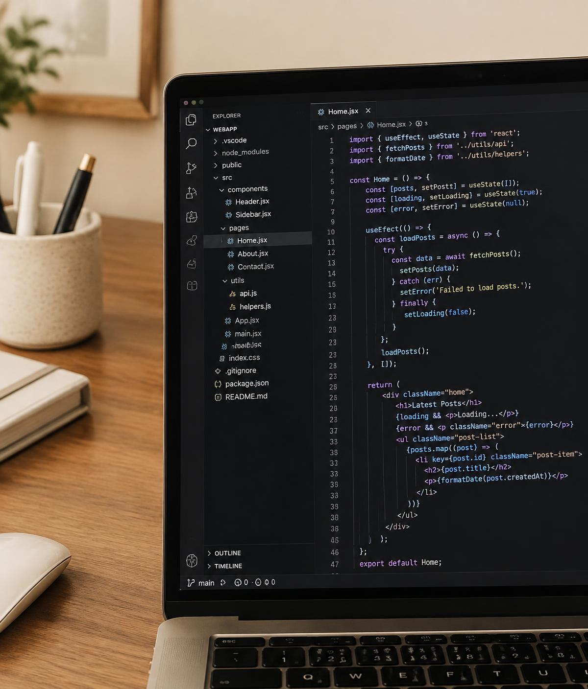 Illustrative photo of a laptop showing source code in an editor on a wooden desk