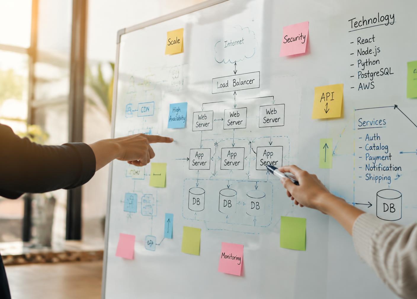 Illustrative photo of hands pointing at a whiteboard with a system architecture diagram and sticky notes